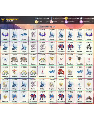 Legendary: 121 | Shiny: 154 | Hundo: 122 | ShinyLegend: 4 [Level: 60 | Stardust: 2.99m | Team: Instinct]