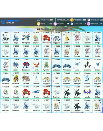 Legendary: 122 | Shiny: 122 | ShinyLegend: 8 [Level: 60 | Stardust: 1.63m | Team: Mystic]