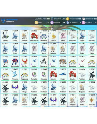 Legendary: 122 | Shiny: 122 | ShinyLegend: 8 [Level: 60 | Stardust: 1.63m | Team: Mystic]