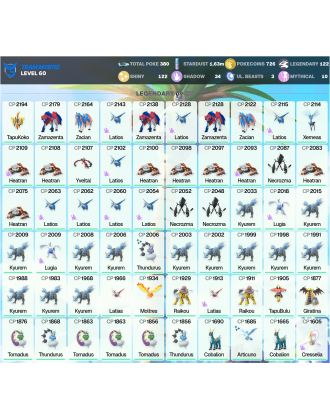 Legendary: 122 | Shiny: 122 | ShinyLegend: 8 [Level: 60 | Stardust: 1.63m | Team: Mystic]