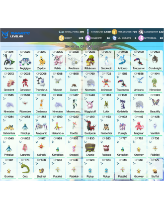 Legendary: 122 | Shiny: 122 | ShinyLegend: 8 [Level: 60 | Stardust: 1.63m | Team: Mystic]