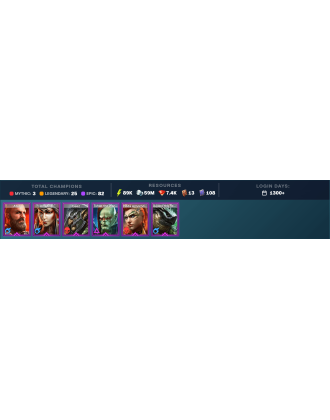 Komidus Darksmile Mythical | 25 Legend | 83 Epic | 7.6K Gems | 90K Energy | 1300+ Days [Galleus | Ash'nar | Ninja | Tuhanarak]