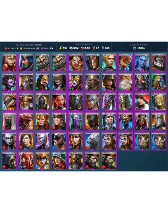 Alaz Mythical | 28 Legend | 80 Epic | 8.4K Gems | 90K Energy | 1300+ Days [Aphidus the Hivelord | Mezomel | Ninja | Ailil]