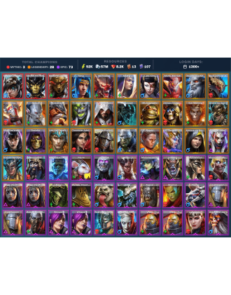 Nais Mythical | 28 Legend | 73 Epic | 8.2K Gems | 92K Energy | 1300+ Days [Aphidus the Hivelord | Mezomel | Ninja | Martyr]