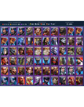 Nais Mythical | 28 Legend | 73 Epic | 8.2K Gems | 92K Energy | 1300+ Days [Aphidus the Hivelord | Mezomel | Ninja | Martyr]