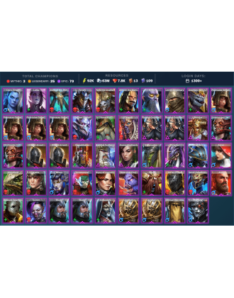 Arbais Mythical | 25 Legend | 71 Epic | 7.9K Gems | 93K Energy | 1300+ Days [The Calamitus | Frolni | Ninja | Teodor | Brogni]