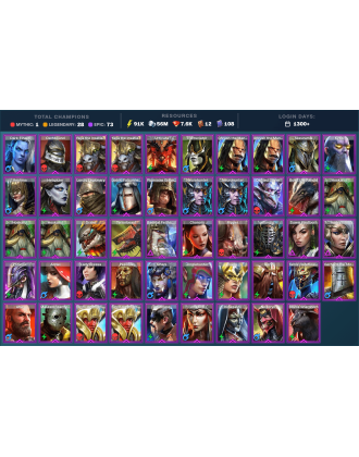 Starsage Galathir Mythical | 28 Legend | 74 Epic | 7.8K Gems | 91K Energy | 1300+ Days [Saito | Kyoku | Ninja | Elder Skarg]