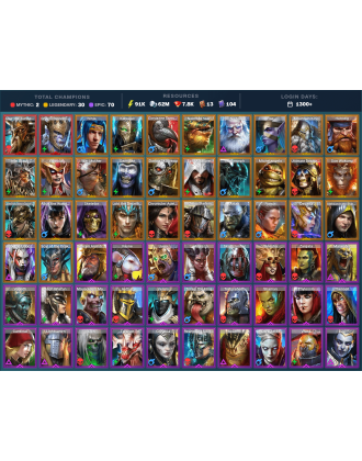 Alaz Mythical | 30 Legend | 70 Epic | 7.9K Gems | 91K Energy | 1300+ Days [Gharol | Kalvalax | Ninja | Iron | Corvis | Rae]