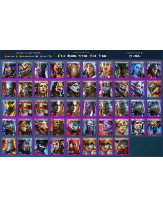 Alaz Mythical | 30 Legend | 70 Epic | 7.9K Gems | 91K Energy | 1300+ Days [Gharol | Kalvalax | Ninja | Iron | Corvis | Rae]