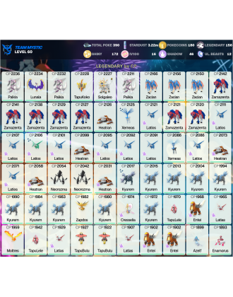 Legendary: 156 | Shiny: 172 | Hundo: 16 | ShinyLegend: 8 [Level: 60 | Stardust: 3.23m | Team: Mystic]