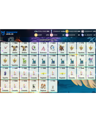 Legendary: 156 | Shiny: 172 | Hundo: 16 | ShinyLegend: 8 [Level: 60 | Stardust: 3.23m | Team: Mystic]