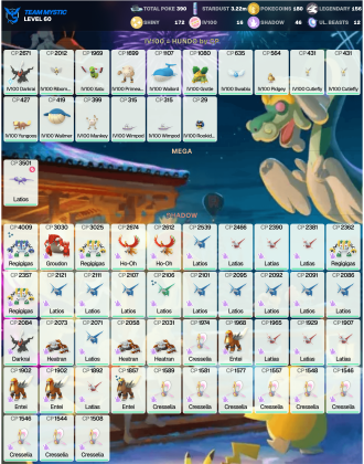 Legendary: 156 | Shiny: 172 | Hundo: 16 | ShinyLegend: 8 [Level: 60 | Stardust: 3.23m | Team: Mystic]