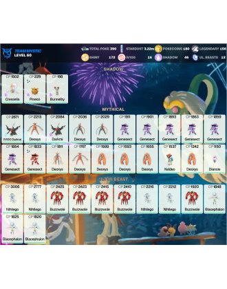 Legendary: 156 | Shiny: 172 | Hundo: 16 | ShinyLegend: 8 [Level: 60 | Stardust: 3.23m | Team: Mystic]