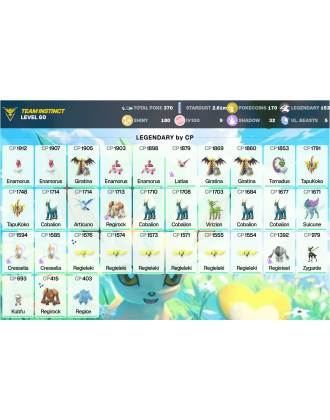 Legendary: 153 | Shiny: 180 | Hundo: 9 | ShinyLegend: 10 [Level: 60 | Stardust: 2.61m | Team: Instinct]