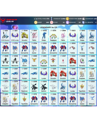 Legendary: 123 | Shiny: 142 | Hundo: 11 | ShinyLegend: 11 [Level: 60 | Stardust: 2.7m | Team: Valor]
