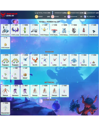 Legendary: 123 | Shiny: 142 | Hundo: 11 | ShinyLegend: 11 [Level: 60 | Stardust: 2.7m | Team: Valor]