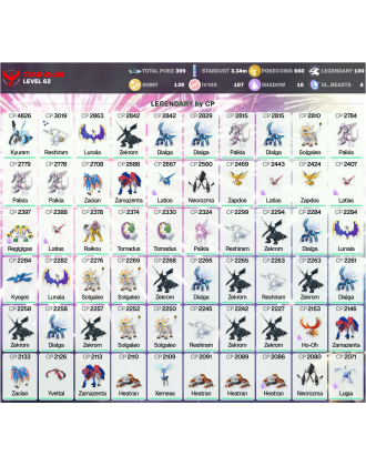 Legendary: 100 | Shiny: 139 | Hundo: 107 | ShinyLegend: 2 [Level: 62 | Stardust: 3.34m | Team: Valor]