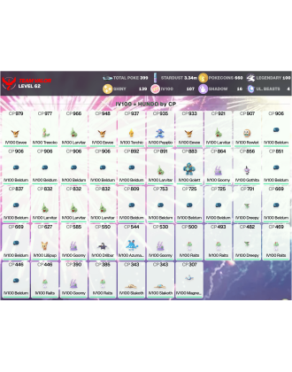 Legendary: 100 | Shiny: 139 | Hundo: 107 | ShinyLegend: 2 [Level: 62 | Stardust: 3.34m | Team: Valor]
