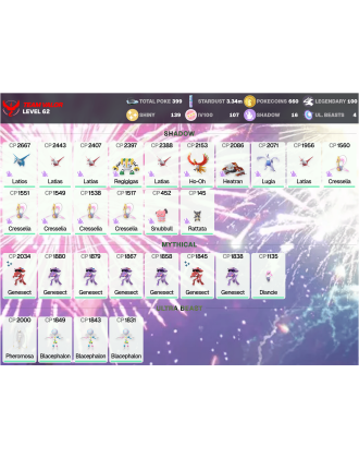 Legendary: 100 | Shiny: 139 | Hundo: 107 | ShinyLegend: 2 [Level: 62 | Stardust: 3.34m | Team: Valor]