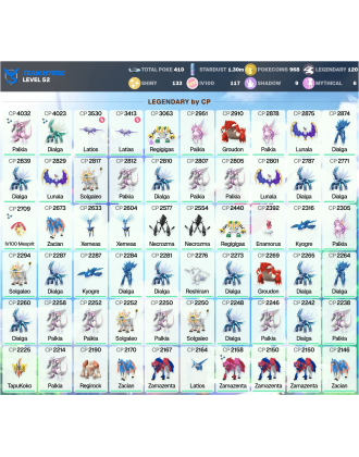 Legendary: 120 | Shiny: 133 | Hundo: 117 | ShinyLegend: 8 [Level: 52 | Stardust: 1.3m | Team: Mystic]