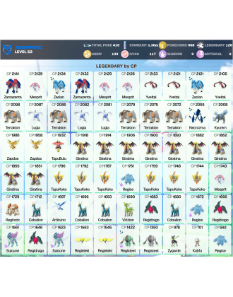 Legendary: 120 | Shiny: 133 | Hundo: 117 | ShinyLegend: 8 [Level: 52 | Stardust: 1.3m | Team: Mystic]