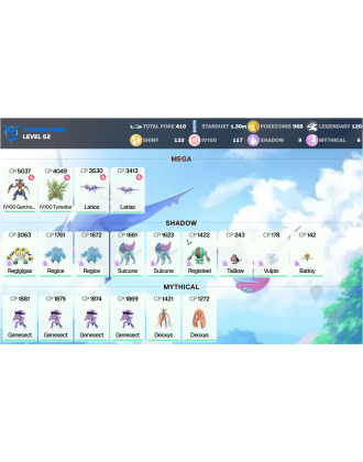 Legendary: 120 | Shiny: 133 | Hundo: 117 | ShinyLegend: 8 [Level: 52 | Stardust: 1.3m | Team: Mystic]