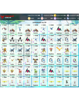 Legendary: 120 | Shiny: 125 | Hundo: 126 | ShinyLegend: 11 [Level: 60 | Stardust: 2.78m | Team: Valor]