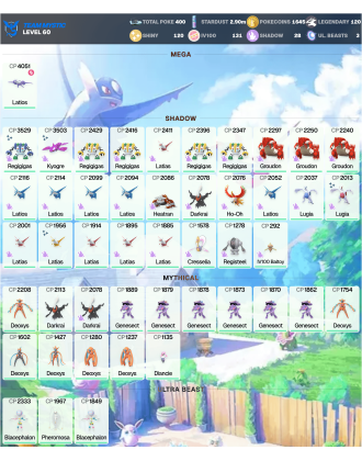 Legendary: 120 | Shiny: 120 | Hundo: 131 | ShinyLegend: 11 [Level: 60 | Stardust: 2.9m | Team: Mystic]