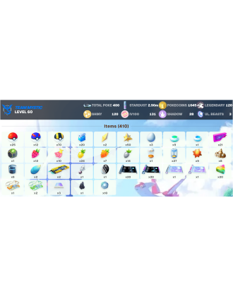 Legendary: 120 | Shiny: 120 | Hundo: 131 | ShinyLegend: 11 [Level: 60 | Stardust: 2.9m | Team: Mystic]