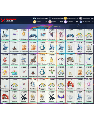 Legendary: 101 | Shiny: 107 | Hundo: 112 | ShinyLegend: 4 [Level: 62 | Stardust: 3.33m | Team: Valor]