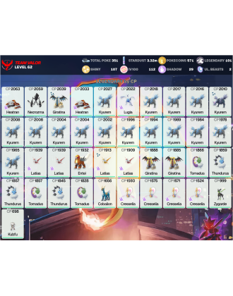 Legendary: 101 | Shiny: 107 | Hundo: 112 | ShinyLegend: 4 [Level: 62 | Stardust: 3.33m | Team: Valor]