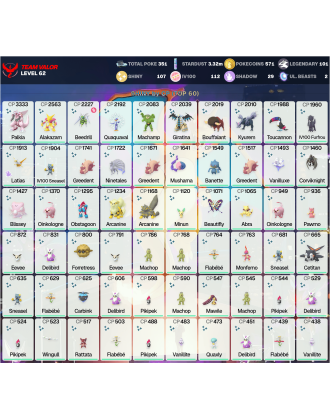 Legendary: 101 | Shiny: 107 | Hundo: 112 | ShinyLegend: 4 [Level: 62 | Stardust: 3.33m | Team: Valor]