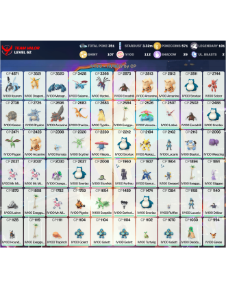 Legendary: 101 | Shiny: 107 | Hundo: 112 | ShinyLegend: 4 [Level: 62 | Stardust: 3.33m | Team: Valor]