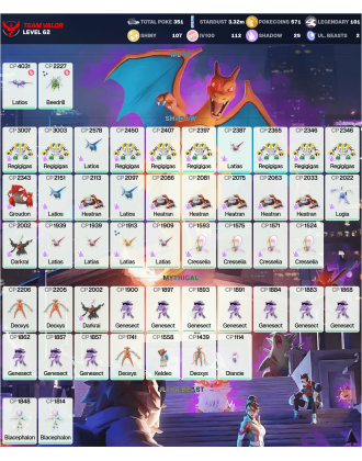 Legendary: 101 | Shiny: 107 | Hundo: 112 | ShinyLegend: 4 [Level: 62 | Stardust: 3.33m | Team: Valor]