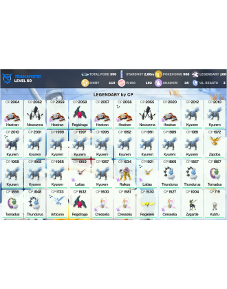 Legendary: 100 | Shiny: 119 | Hundo: 103 | ShinyLegend: 8 [Level: 60 | Stardust: 2.8m | Team: Mystic]