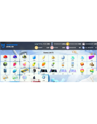 Legendary: 100 | Shiny: 119 | Hundo: 103 | ShinyLegend: 8 [Level: 60 | Stardust: 2.8m | Team: Mystic]