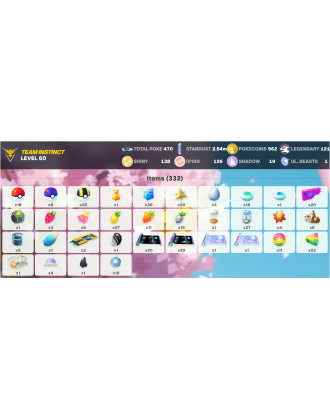 Legendary: 121 | Shiny: 138 | Hundo: 126 | ShinyLegend: 4 [Level: 60 | Stardust: 2.54m | Team: Instinct]