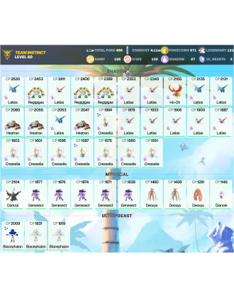 Legendary: 121 | Shiny: 155 | Hundo: 133 | ShinyLegend: 6 [Level: 60 | Stardust: 4.11m | Team: Instinct]