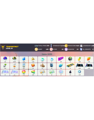 Legendary: 120 | Shiny: 145 | Hundo: 10 | ShinyLegend: 5 [Level: 61 | Stardust: 3.18m | Team: Instinct]