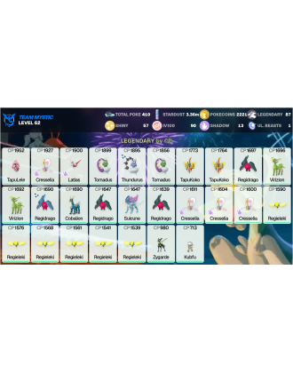 Legendary: 87 | Shiny: 57 | Hundo: 90 | ShinyLegend: 7 [Level: 62 | Stardust: 3.37m | Team: Mystic]