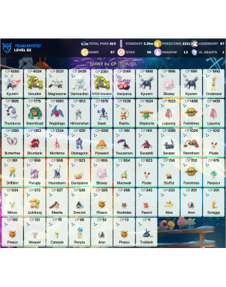 Legendary: 87 | Shiny: 57 | Hundo: 90 | ShinyLegend: 7 [Level: 62 | Stardust: 3.37m | Team: Mystic]