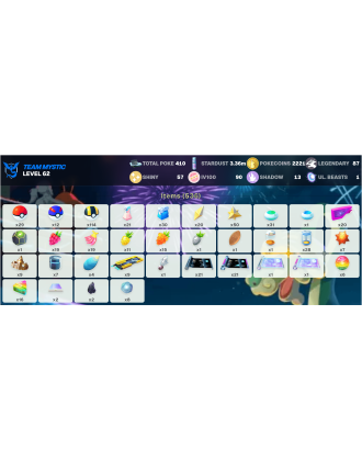 Legendary: 87 | Shiny: 57 | Hundo: 90 | ShinyLegend: 7 [Level: 62 | Stardust: 3.37m | Team: Mystic]