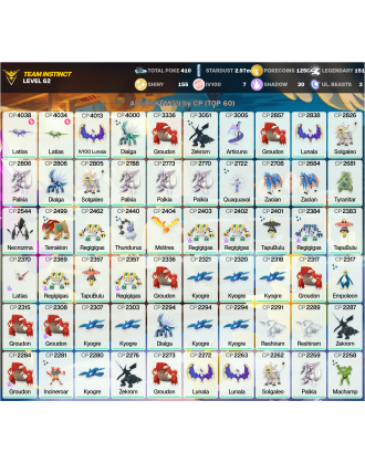 Legendary: 151 | Shiny: 155 | Hundo: 7 | ShinyLegend: 11 [Level: 62 | Stardust: 2.98m | Team: Instinct]