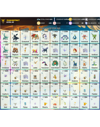 Legendary: 151 | Shiny: 155 | Hundo: 7 | ShinyLegend: 11 [Level: 62 | Stardust: 2.98m | Team: Instinct]