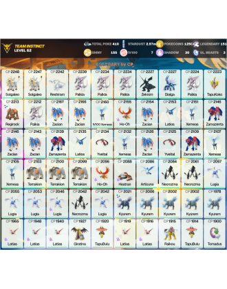 Legendary: 151 | Shiny: 155 | Hundo: 7 | ShinyLegend: 11 [Level: 62 | Stardust: 2.98m | Team: Instinct]