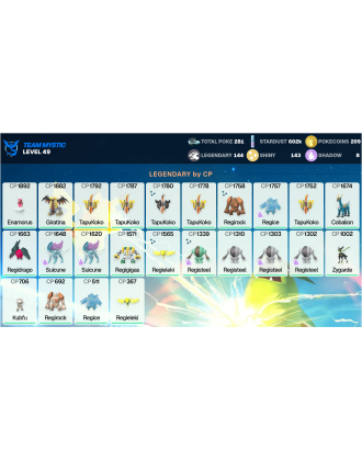 Legendary: 144 | Shiny: 143 | ShinyLegend: 12 [Level: 49 | Stardust: 602.1k | Team: Mystic]
