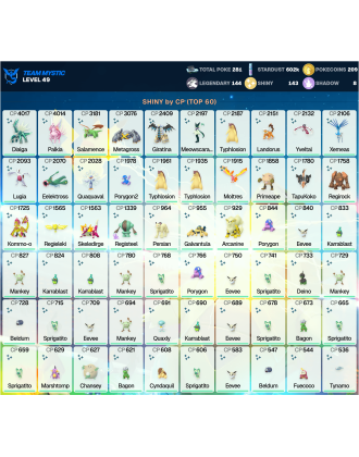 Legendary: 144 | Shiny: 143 | ShinyLegend: 12 [Level: 49 | Stardust: 602.1k | Team: Mystic]