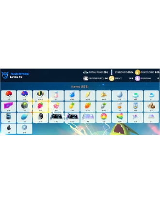 Legendary: 144 | Shiny: 143 | ShinyLegend: 12 [Level: 49 | Stardust: 602.1k | Team: Mystic]