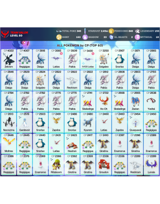 Legendary: 153 | Shiny: 163 | ShinyLegend: 8 [Level: 60 | Stardust: 2.49m | Team: Valor]
