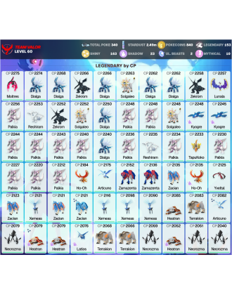 Legendary: 153 | Shiny: 163 | ShinyLegend: 8 [Level: 60 | Stardust: 2.49m | Team: Valor]